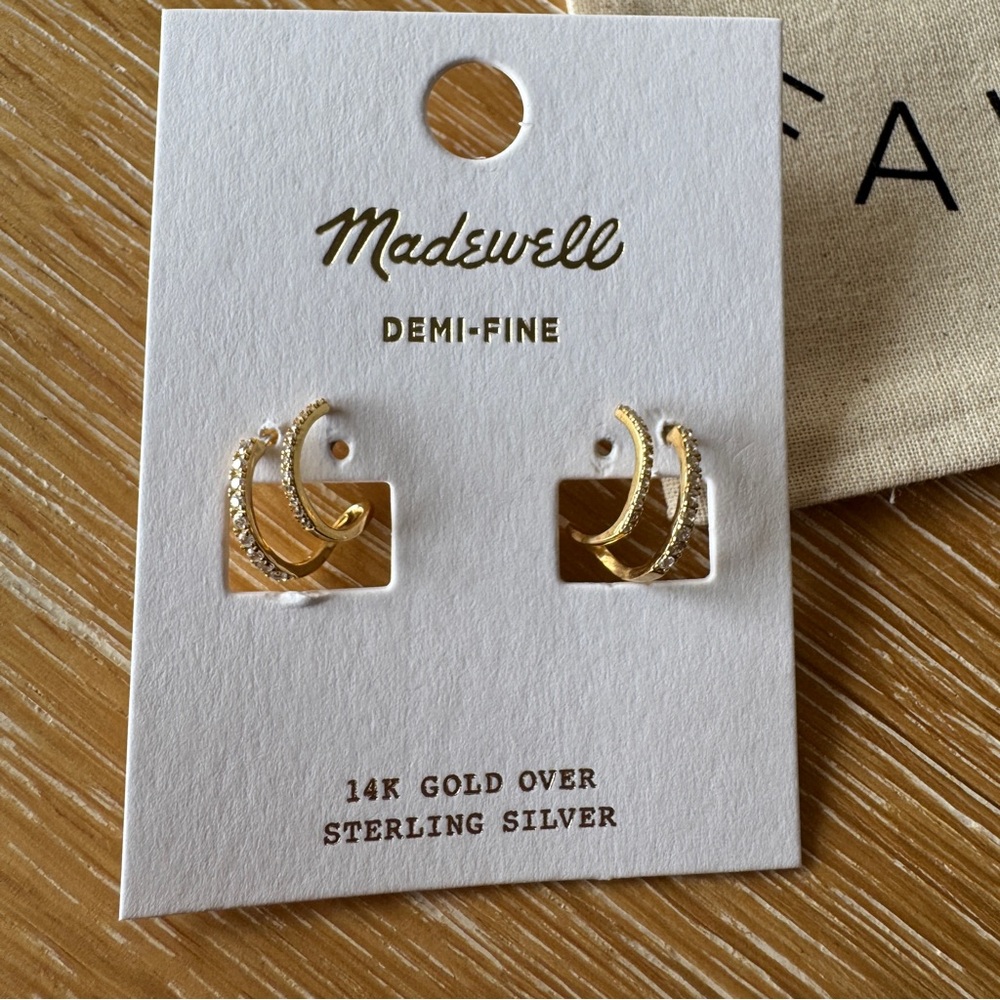 NWT! | MADEWELL Demi-Fine Pavé Double Hoop Earrings, 14k Gold - Picture 13 of 15